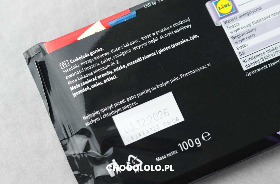 skład czekolady gorzkiej 85% Fin Carre z Lidla