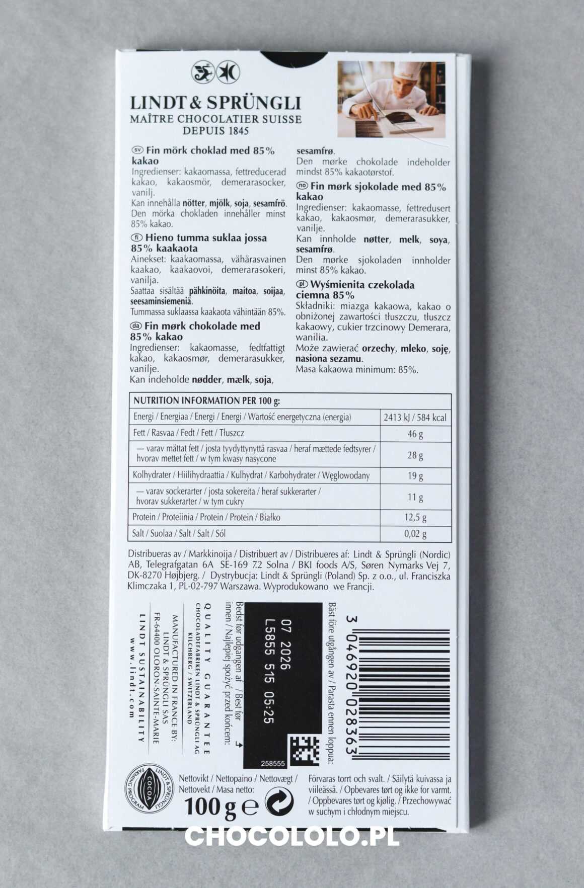 Skład czekolady gorzkiej 85% Lindt