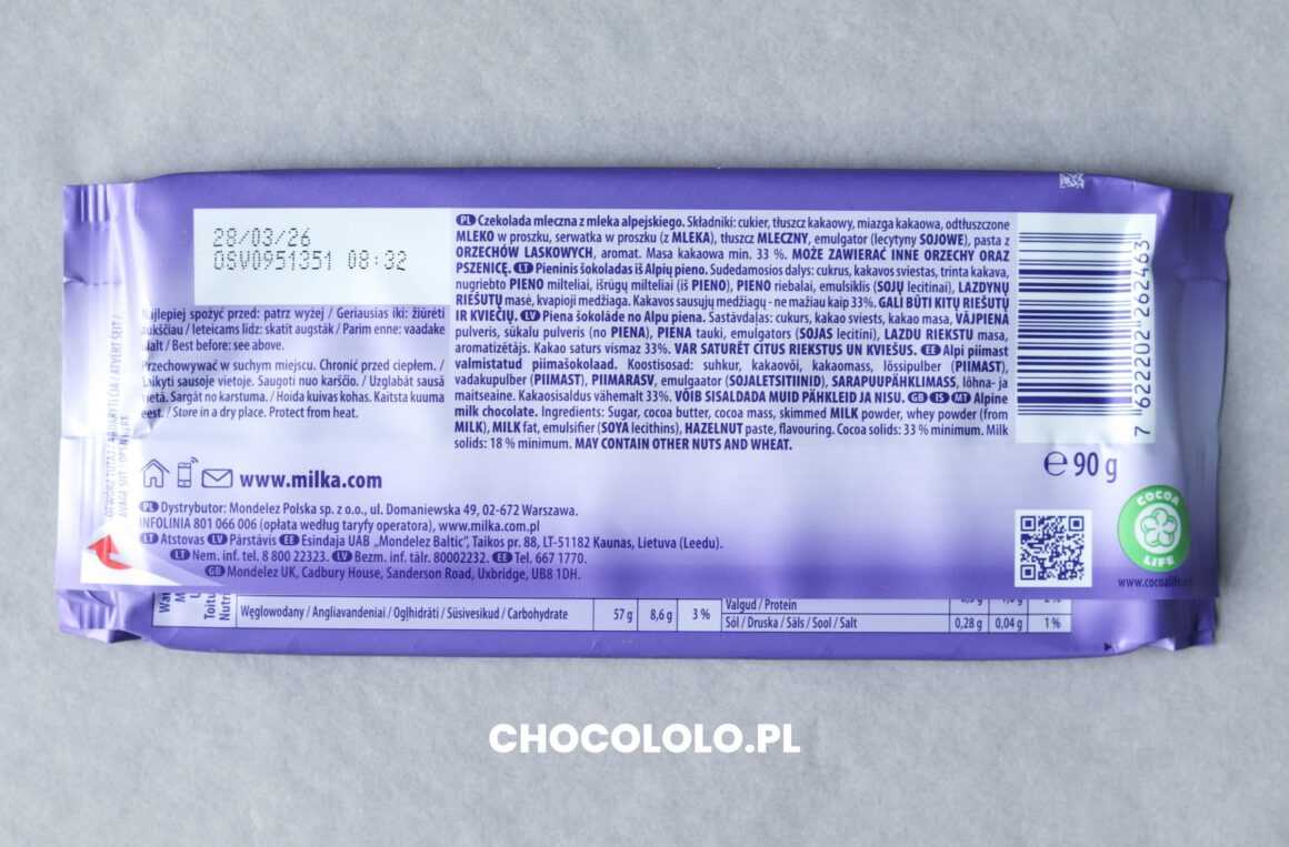 Skład czekolady mlecznej Milka