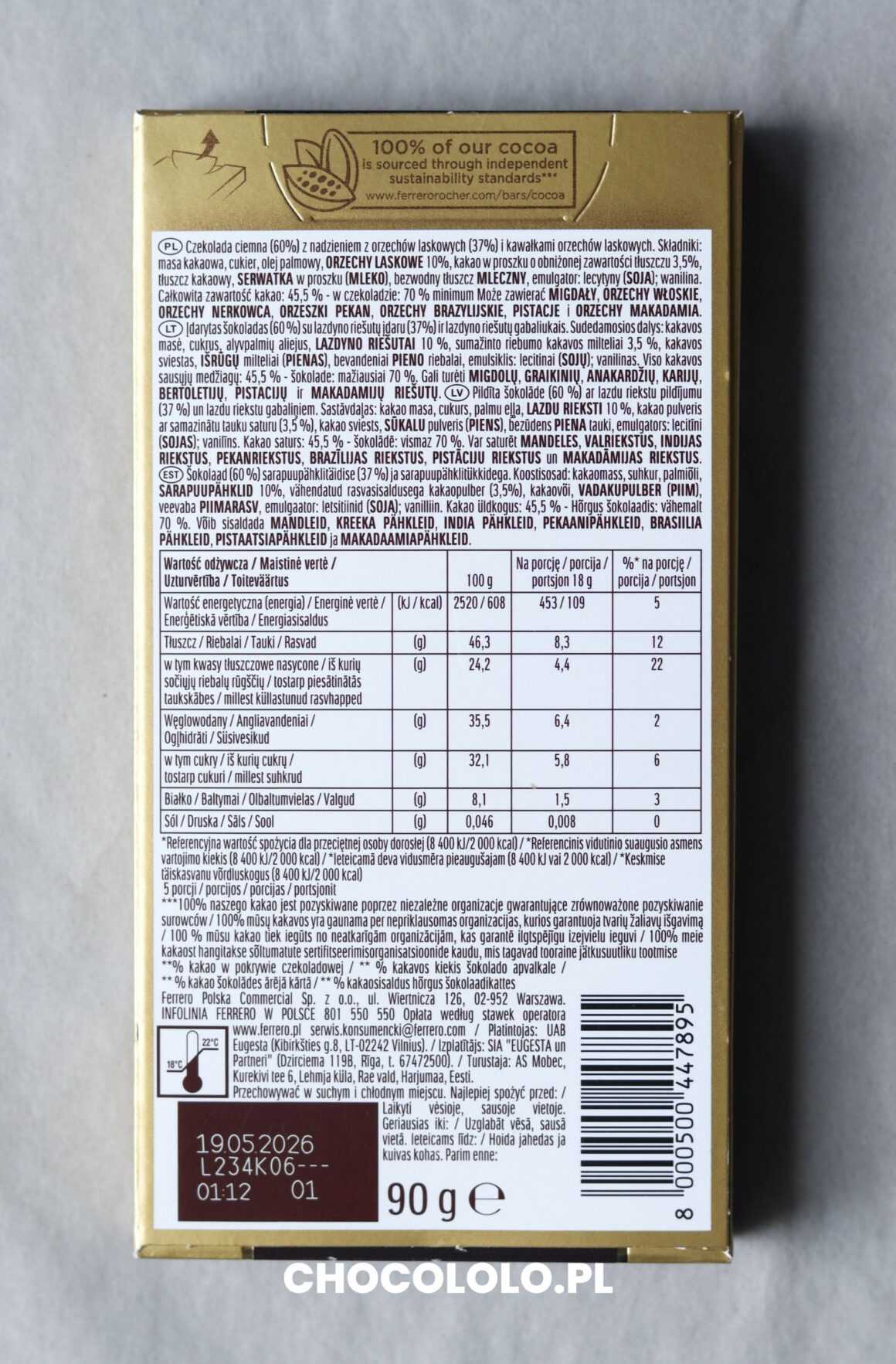 skład czekolady gorzkiej 70% Ferrero Rocher