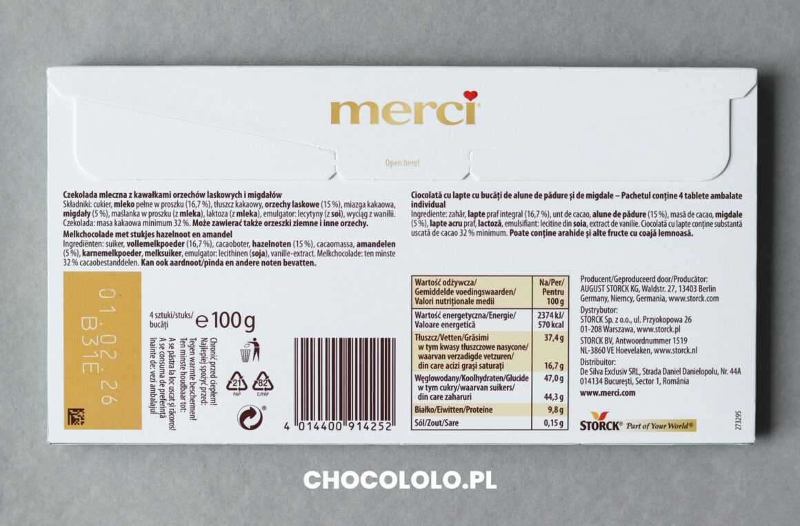 skład czekolady mlecznej Merci z orzechami i migdałami