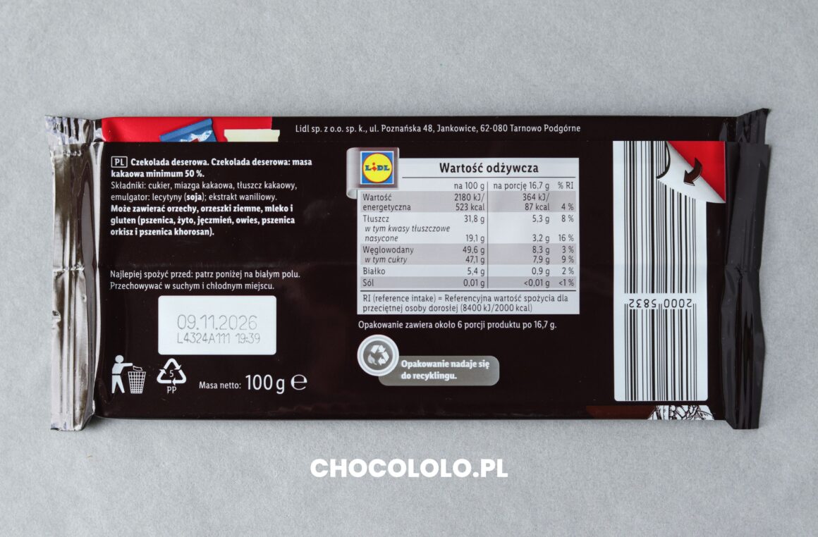 Czekolada deserowa 50% Fin Carre skład