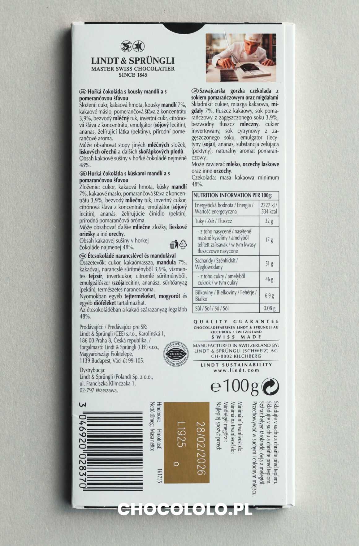 skład czekolady Lindt z pomarańczą