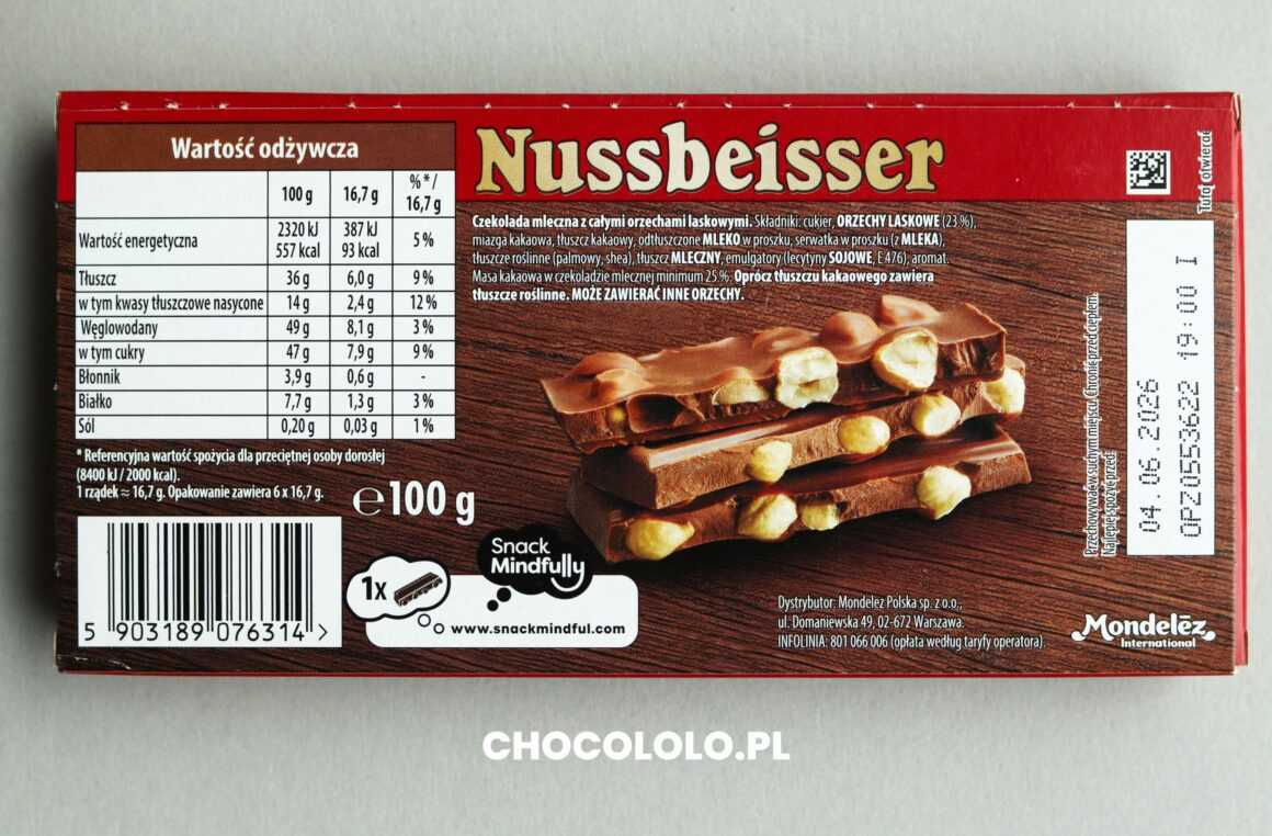 Skład czekolady Nussbeisser z orzechami laskowymi
