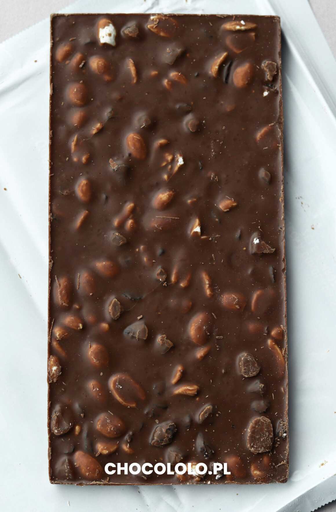 Tył tabliczki czekolady Studentskiej z orzechami, żelkami i rodzynkami