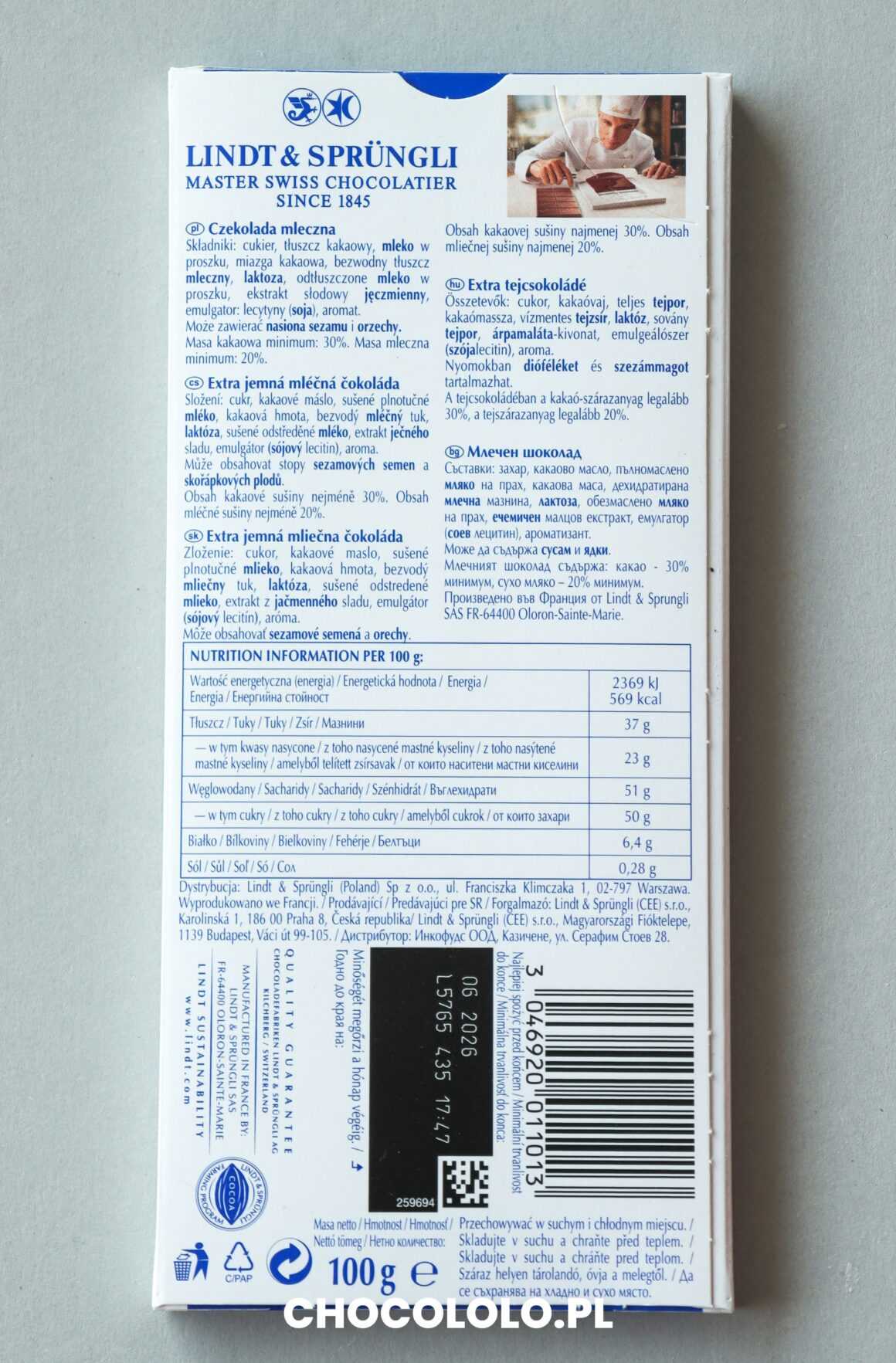 Lindt czekolada mleczna skład
