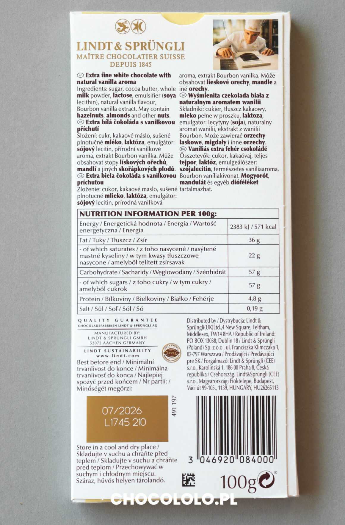 czekolada biała lindt skład