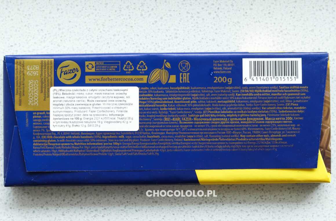 skład czekolady mlecznej fazer z całymi orzechami