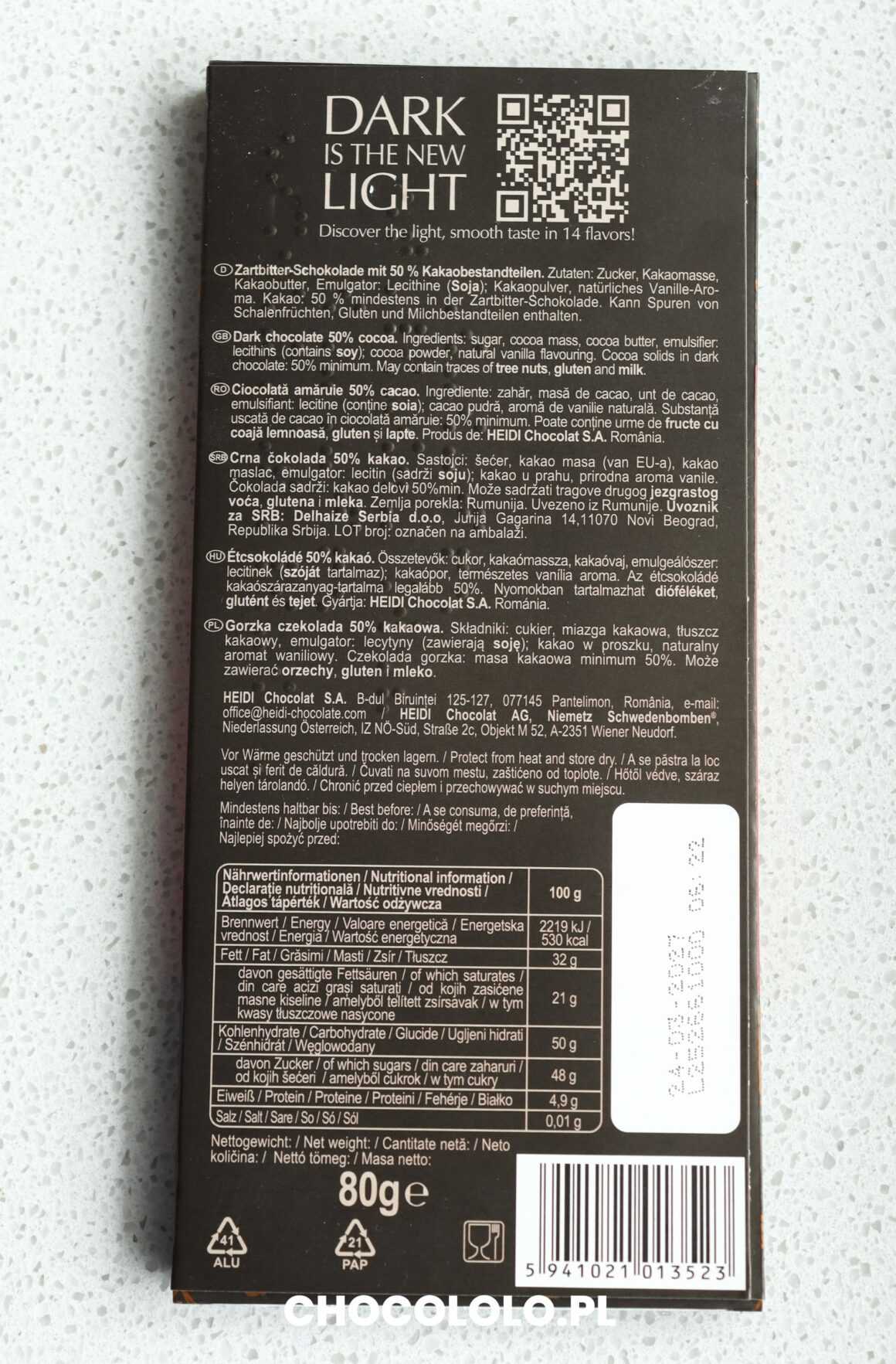 Heidi czekolada ciemna 50% skład