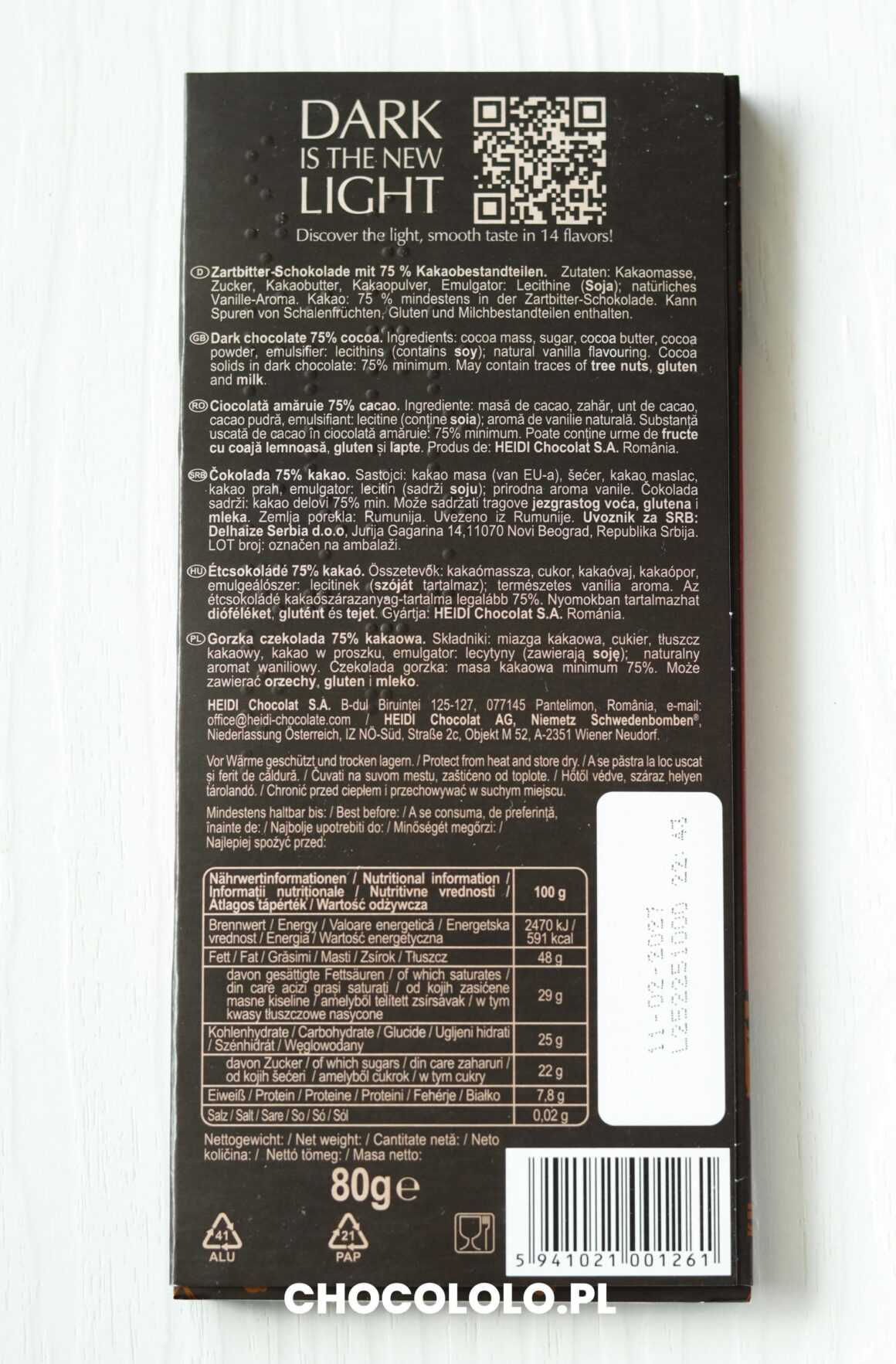 Heidi czekolada 75% gorzka skład