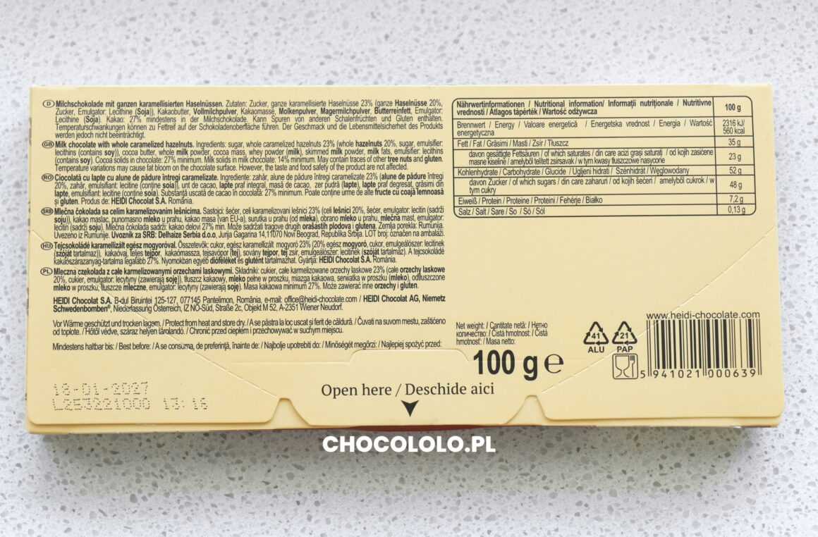 Skład czekolady Heidi z orzechami karmelizowanymi