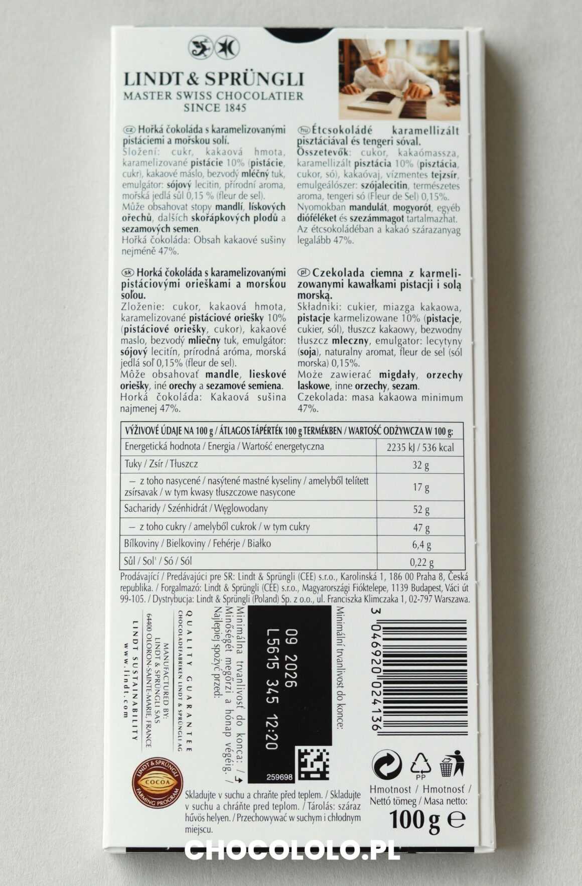 skład czekolada lindt z pistacjami i solą