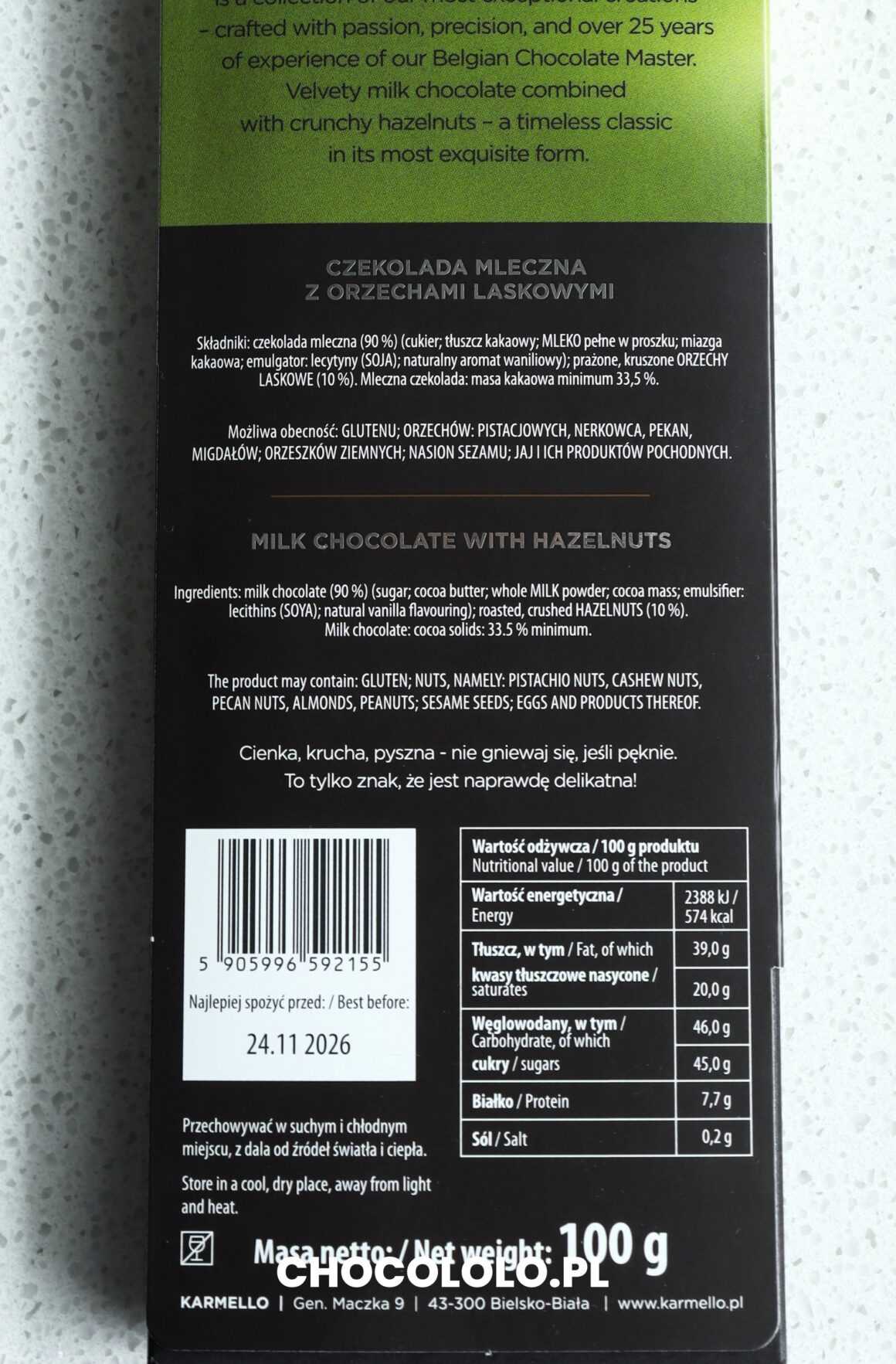 Karmello czekolada mleczna z orzechami skład
