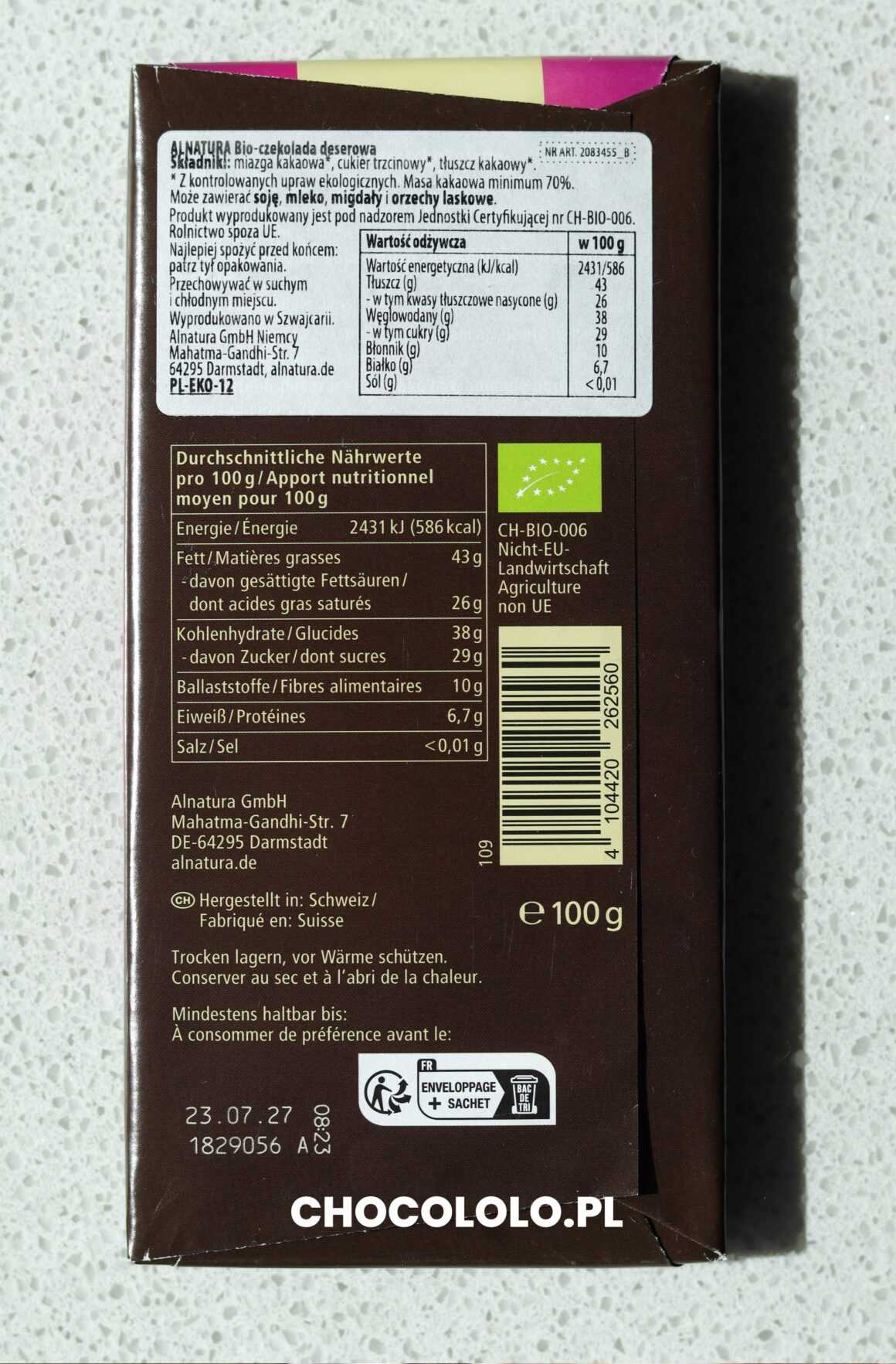 Alnatura czekolada deserowa 70% skład